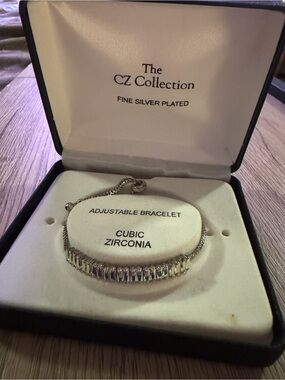 Fine Silver-Plated Baguette CZ Adjustable Bracelet